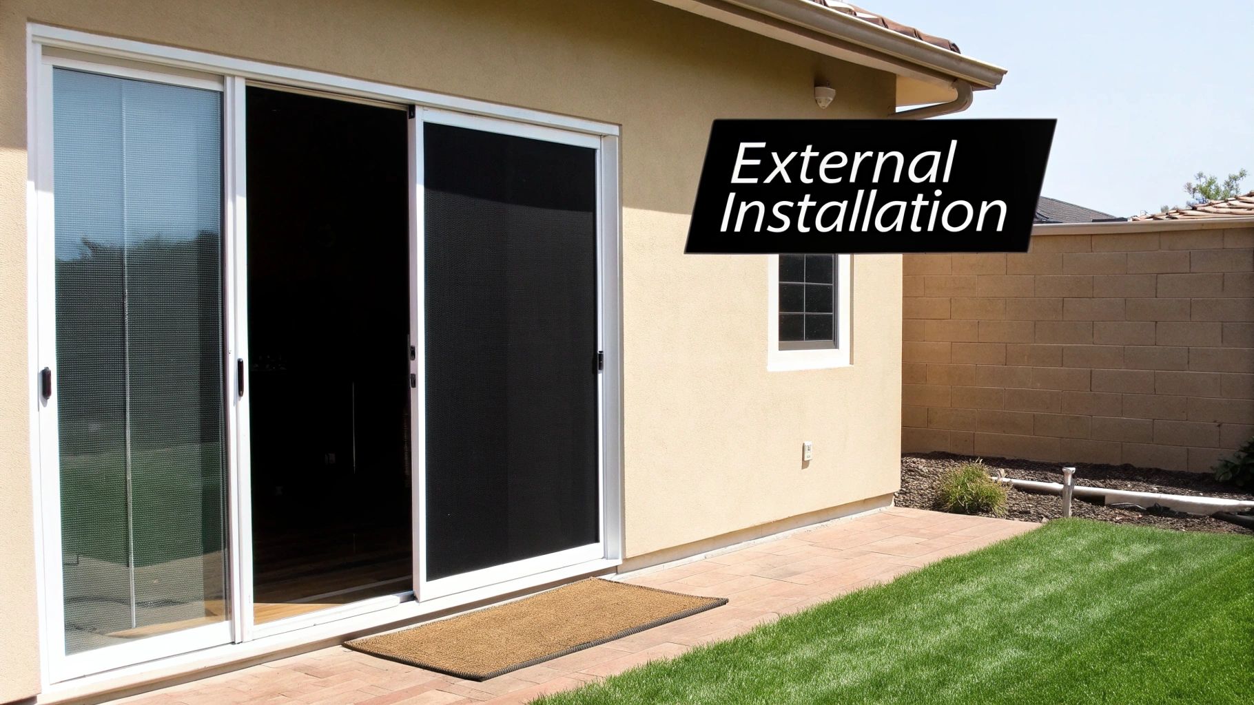 External view of a house featuring sliding patio doors, one with a black screen for sun blocking.