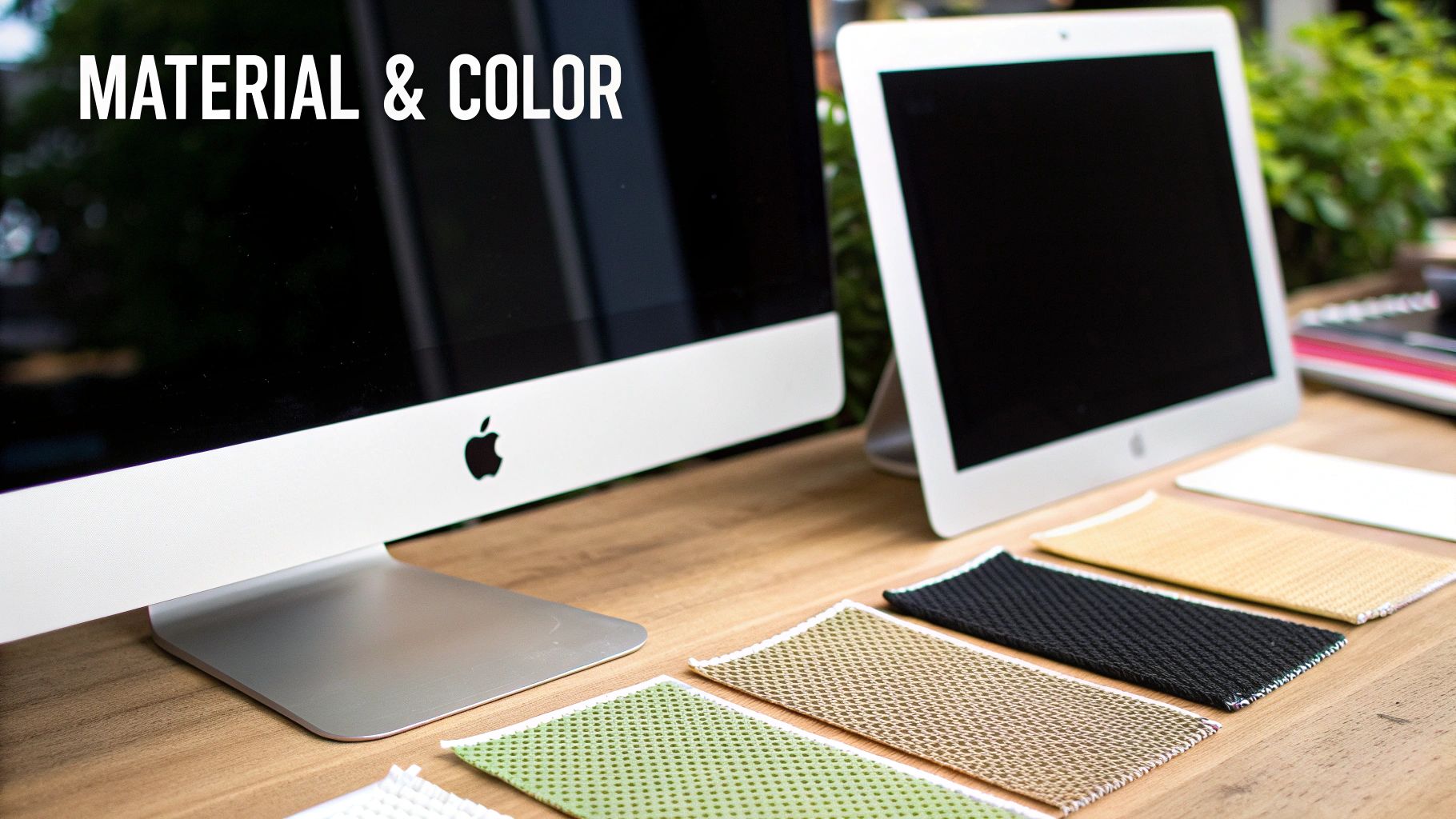 Close-up of a desk with two Apple monitors, multiple mesh fabric samples, and text 'MATERIAL & COLOR'.