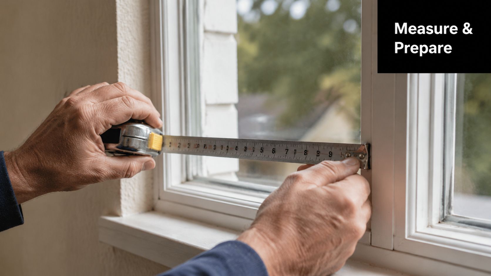 A close-up view of hands measuring a window frame with a metal tape measure for installation.
