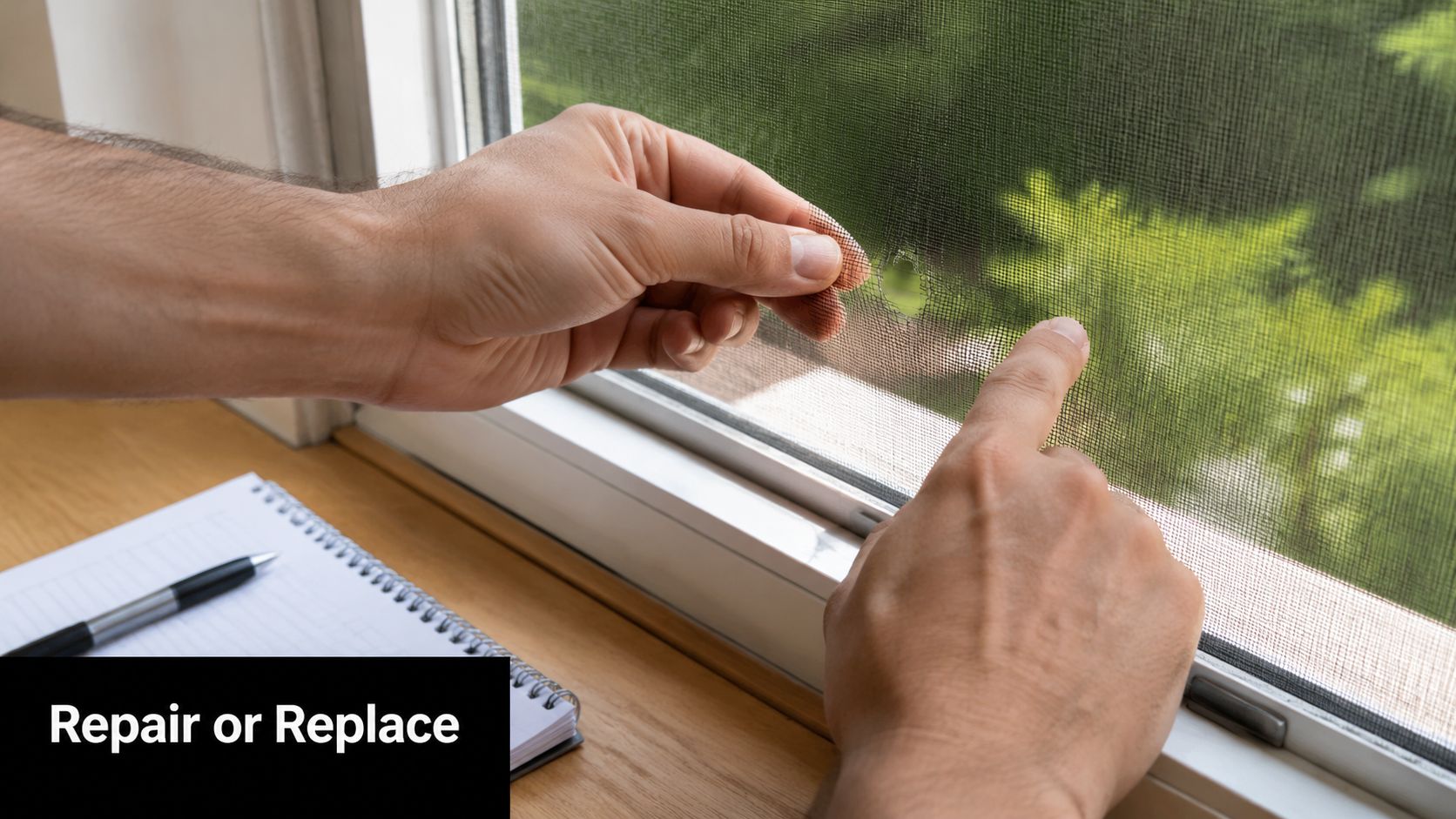 A person inspecting a damaged window screen with a hole while deciding whether to repair or replace it.