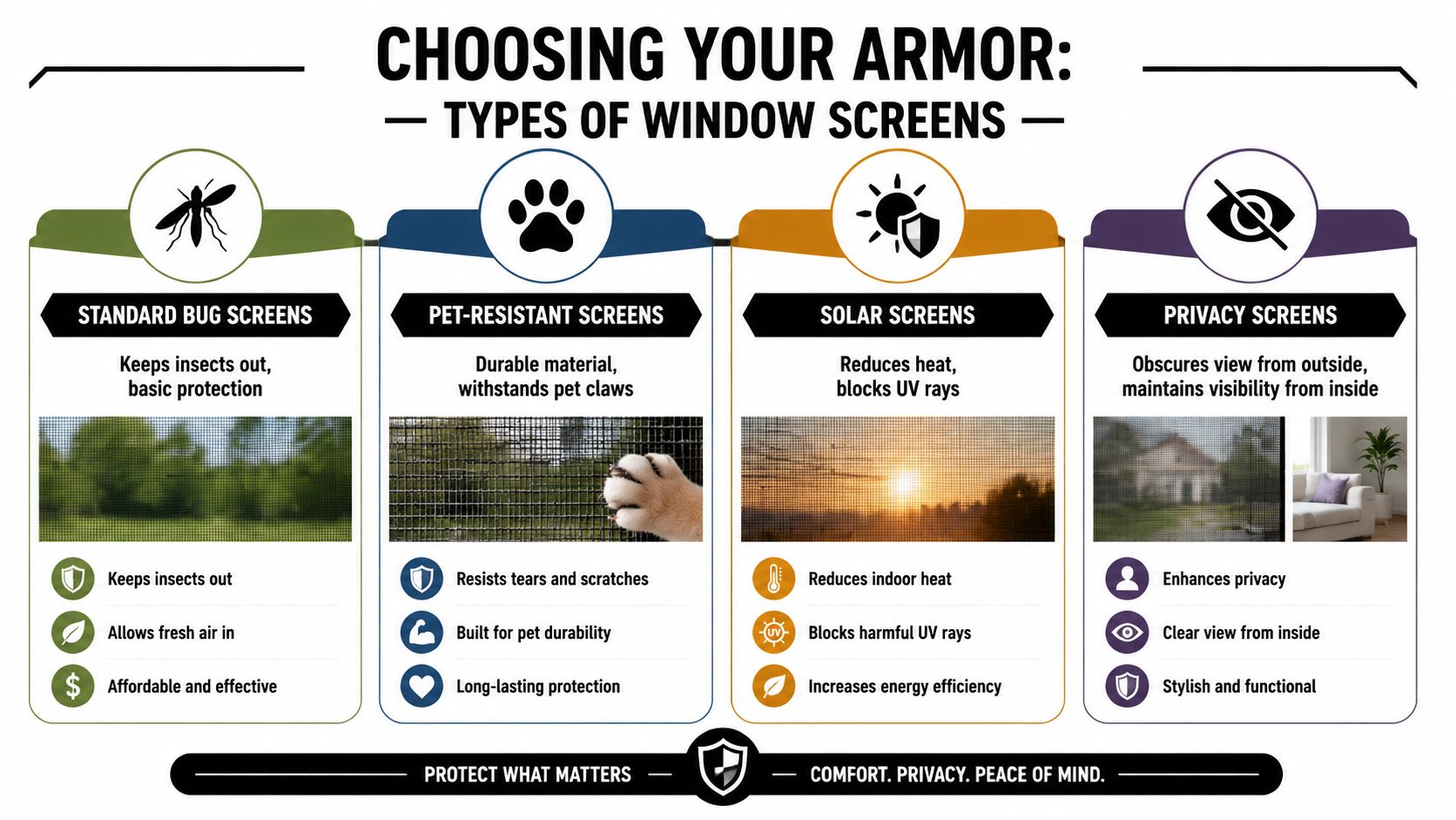 An infographic comparing four types of window screens: standard bug, pet-resistant, solar, and privacy screens.