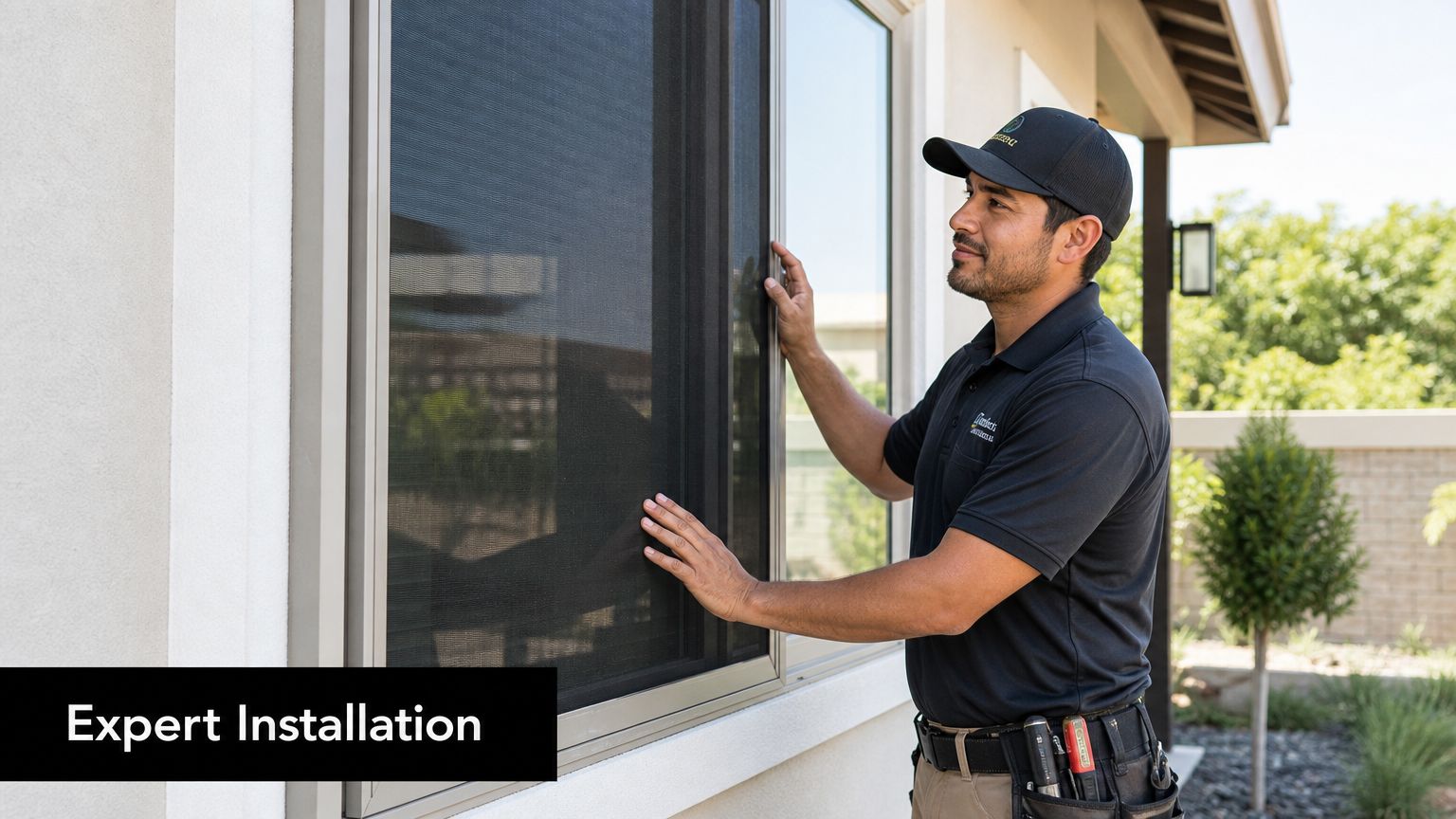 A professional technician carefully installing a dark solar screen on a residential home window frame.