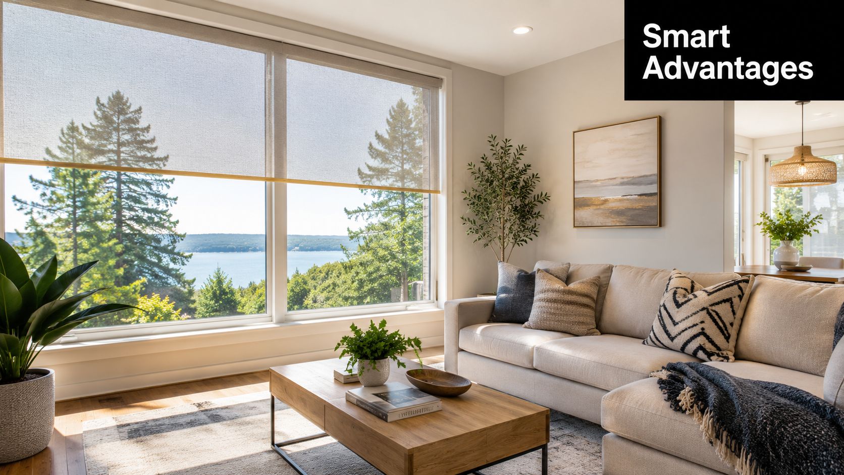 A modern living room with large windows featuring solar screens overlooking a beautiful forest and lake view.
