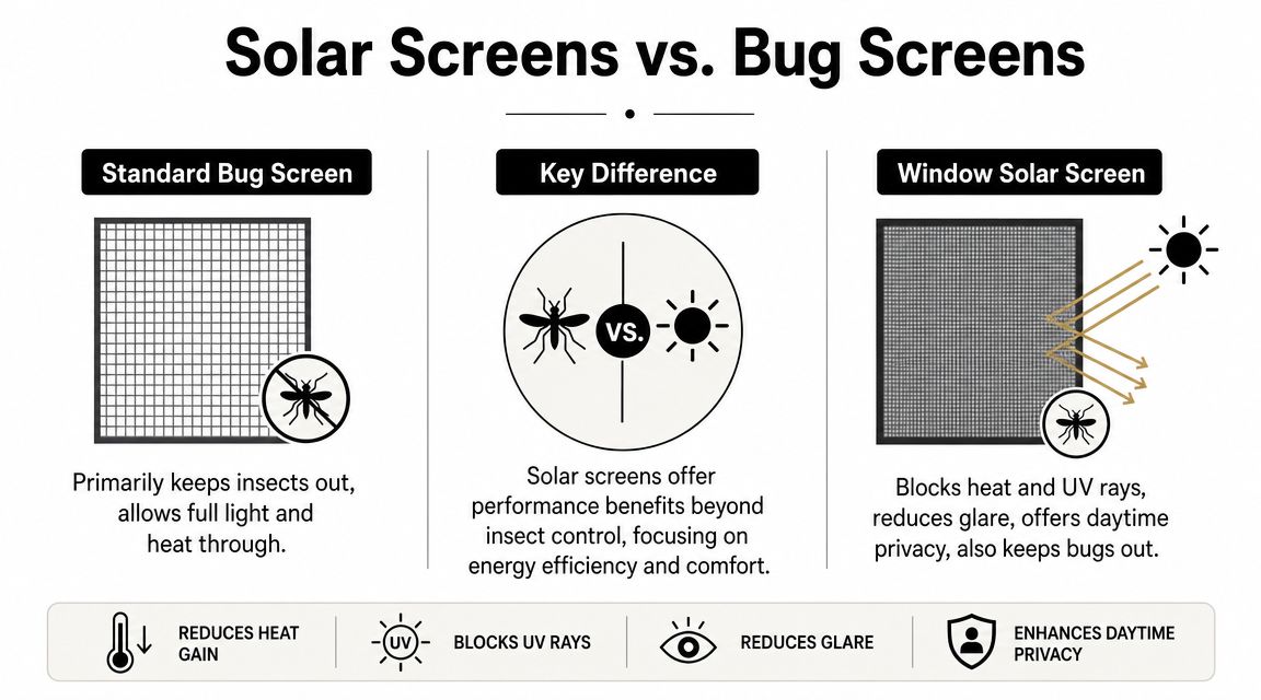 A comparison infographic between standard bug screens and window solar screens highlighting their different benefits and functions.