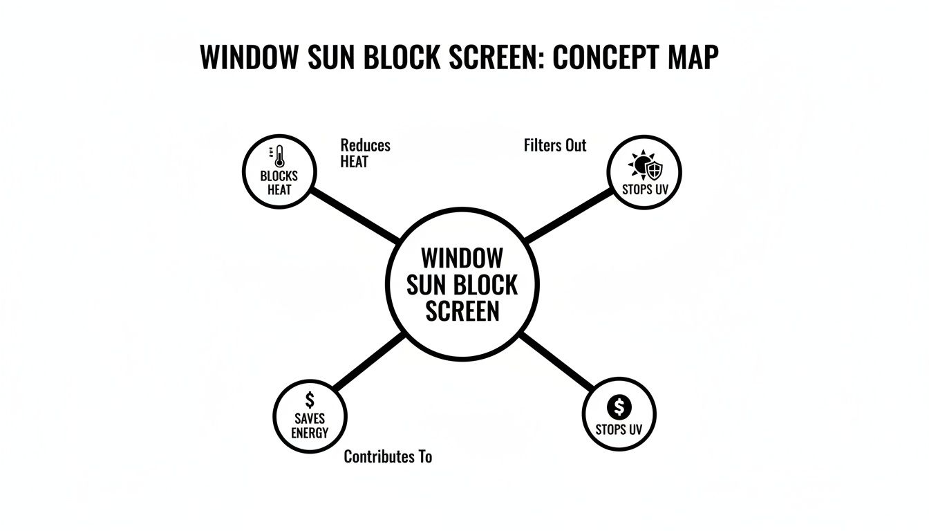 A concept map showing 'Window Sun Block Screen' with branches for reduces heat, filters out UV, and saves energy.
