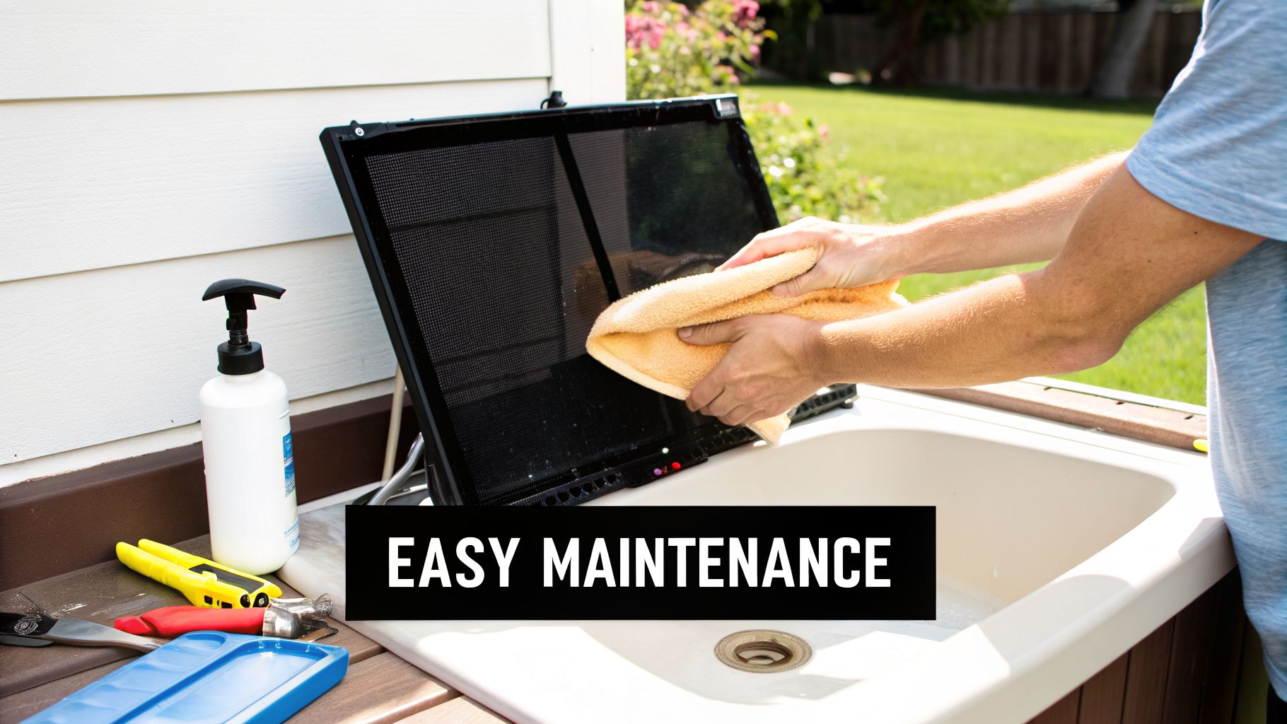 A person wipes a window sun block screen clean with a towel over an outdoor utility sink.