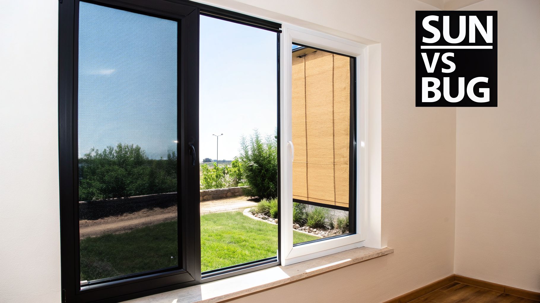 Modern window with a dark bug screen on one side and a light brown sun shade on the other.