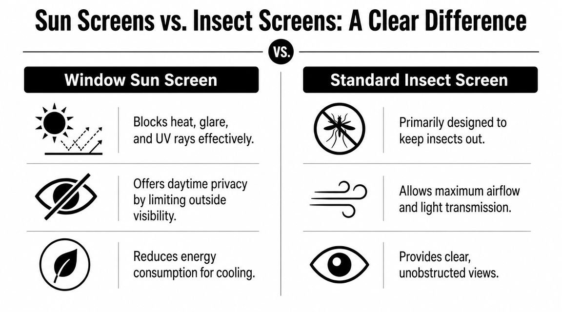 A comparison chart showing the differences between window sun screens and standard insect screens for homes.