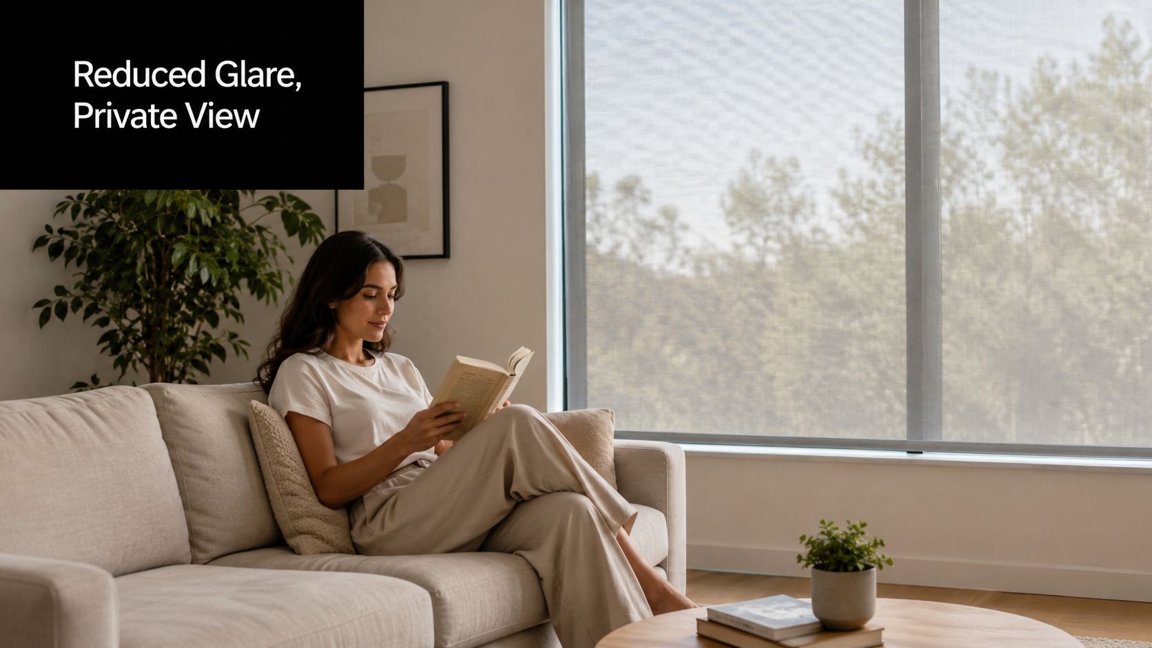 A woman relaxes on a comfortable sofa reading a book near a large window with sun screens.