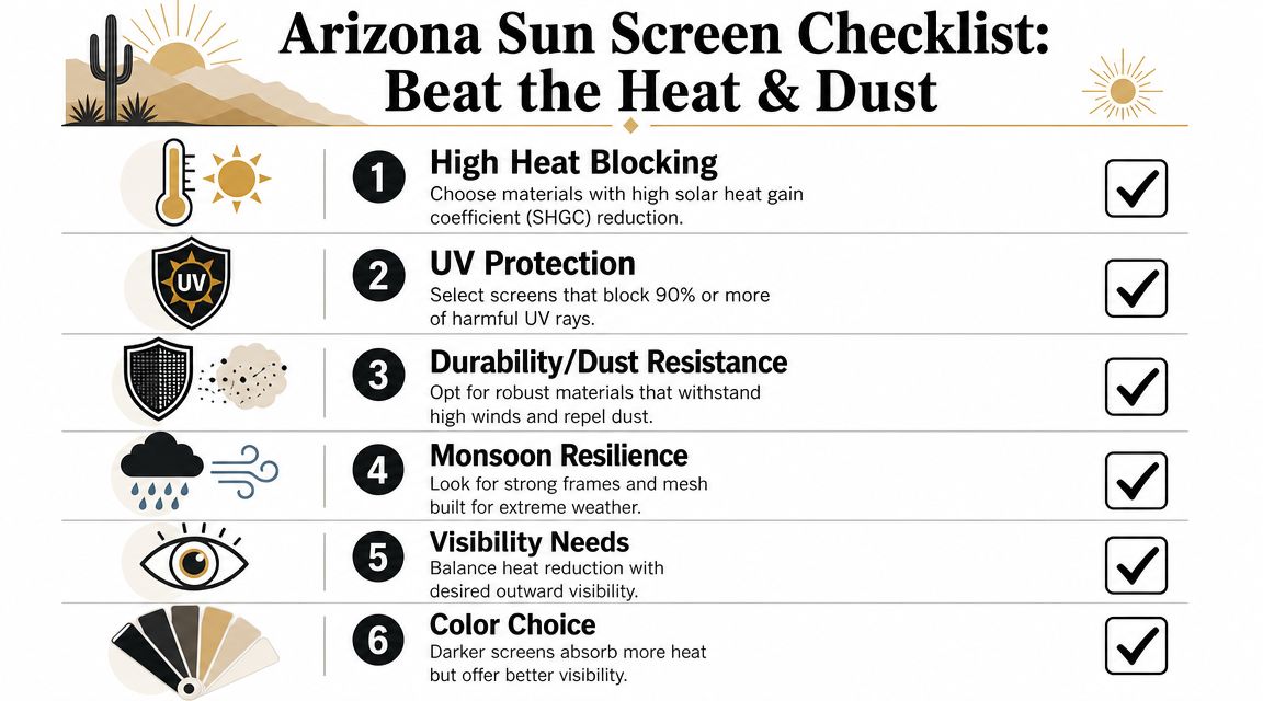 A checklist infographic titled Arizona Sun Screen Checklist outlining six key factors for choosing sun screens.