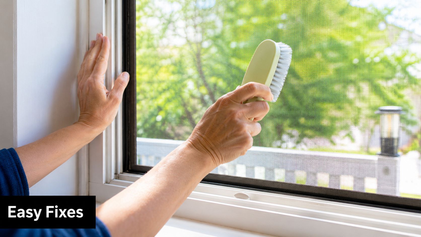 A person using a small cleaning brush to scrub a window screen in a home setting.